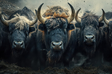 Naklejka premium Yaks Grazing in a Serene Mountainous Landscape at Dawn, Embodying Tranquility and Strength