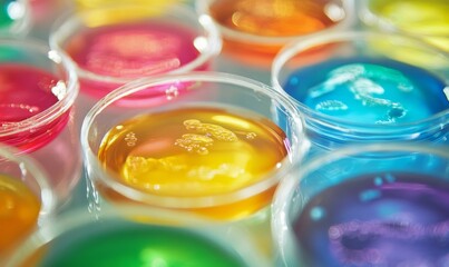 Close-up of petri dishes with colorful bacteria cultures
