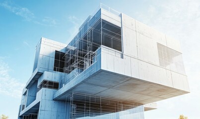 Modern concrete architecture with blueprints against clear sky