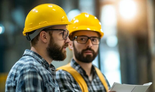 Candid shot of two engineers wearing yellow hard hats, discussing plans or projects