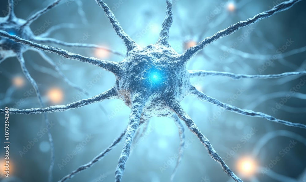 Aufkleber close-up of a network of interconnected neurons, with a single neuron highlighted in blue
