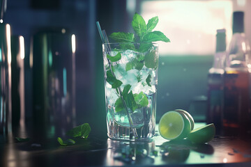 Mojito drink in a tall glass filled with ice, mint leaves, and lime wedges, accompanied by a drinking straw, blurred background