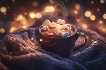 A cozy cup of hot chocolate topped with fluffy marshmallows, nestled in a soft knitted blanket