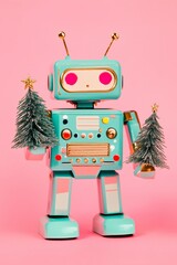 cute pastel color and gold metallic retro style robot holding a Christmas tree on pastel pink...