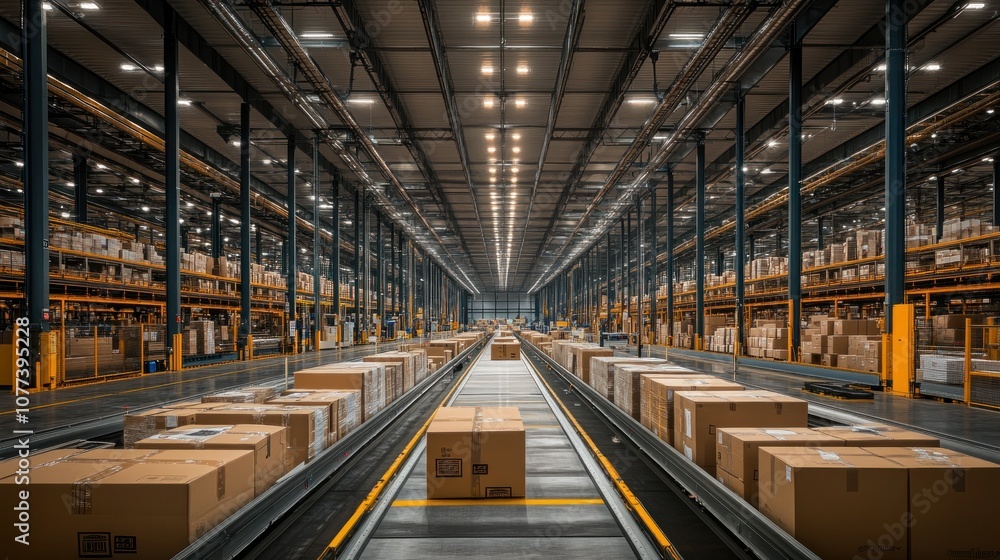 Poster automated conveyor system in a modern warehouse with stacked boxes