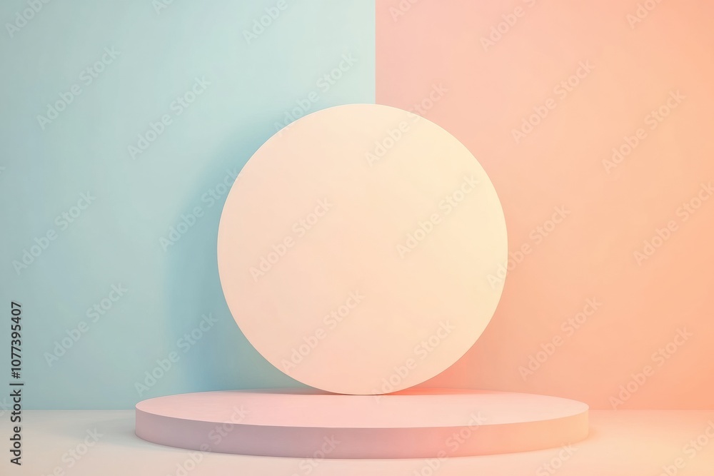 Poster Pastel-colored walls meet a circular pedestal, showcasing an elegant minimalist design that emphasizes simplicity and balance in space. Generative AI