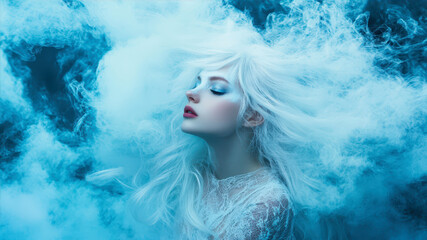 Captivating Model Immersed in Swirling Blue Smoke in a Creative Studio Setting