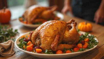 A beautifully roasted turkey sits on a platter surrounded by vibrant vegetables and herbs, creating an inviting centerpiece for a fall celebration Thanksgiving day concept