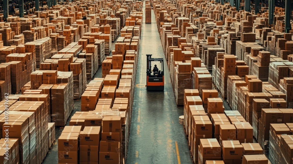 Poster forklift navigating through rows of stacked cardboard boxes in a warehouse