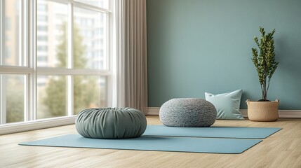 Minimalist yoga space with cushions and plant by window