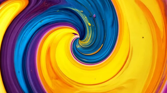 A vibrant swirl of blue, yellow, and purple paint forms a captivating abstract pattern, emphasizing the beauty of color melding and fluid dynamics in art