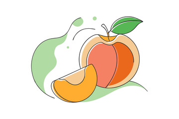 Vibrant Line Color Drawing of Peach with Slice Vector Illustration
