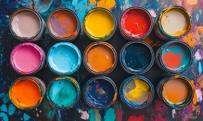 Open cans of colorful paint in vibrant and saturated tones