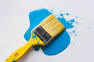 Yellow paintbrush splattered with blue paint on white, showcasing creativity