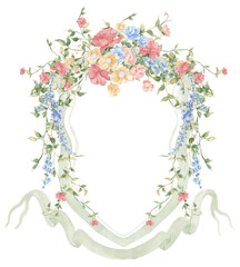 Wildflowers Pink Flower Garden Flowers Wedding Crest - Monogram Crest - Floral Luxury Watercolor Wedding Crest - Romantic Wedding Crest