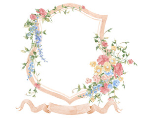 Wildflowers Pink Flower Garden Flowers Wedding Crest - Monogram Crest - Floral Luxury Watercolor Wedding Crest - Romantic Wedding Crest