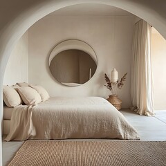 arafed bedroom with a bed and a round mirror in the wall