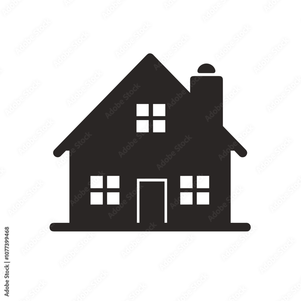 Poster silhouette of a classic house icon with a chimney and multiple windows on a white background, repres