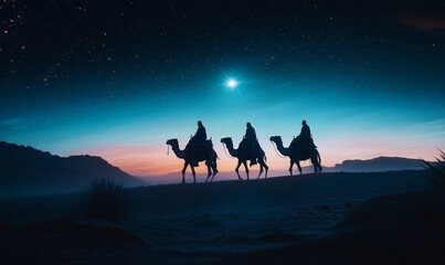 Fototapeta premium Three biblical wise men on camels journey through the desert at night, following a star, symbolizing the Nativity story and Christian faith