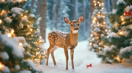 deer in the forest surrounded by snow and fir trees during winter, creating a peaceful holiday scene in nature with christmas cheer, as the animal enjoys the serene beauty of the winter landscape
