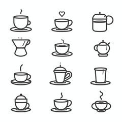 Minimalistic coffee-themed icons featuring various cups, pots, and brewing methods, all in a simple line drawing style.