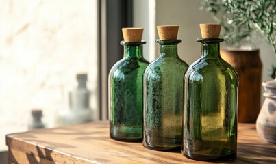 Stylish green and brown bottles with natural decor on a wooden surface