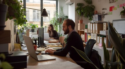 Fototapeta premium Modern Office Workspace with Indoor Plants and Team Collaboration