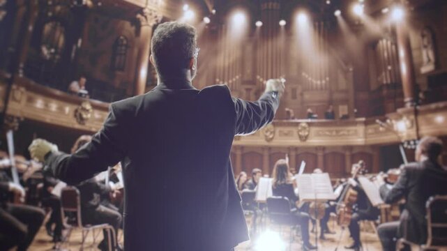 Orchestra Conductor Leading Symphony Performance In Grand Concert Hall Music Arts Leadership