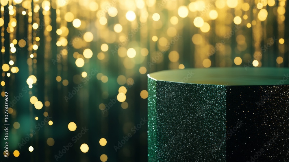 Fototapete a round green podium with a glitter texture is in the foreground. the background is blurry and featu