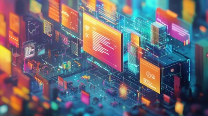 Obraz premium A colorful, abstract 3D representation of digital data, information, and technology.