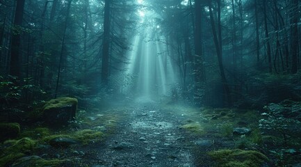 Fototapeta premium Sun rays pierce through misty forest, illuminating path ahead.
