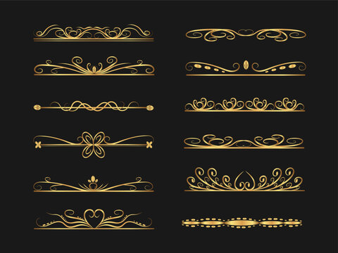 set of decorative vintage frames and borders.Vintage frames and scrollwork elements are decorated with gold. Classic curls, strokes in the vector.