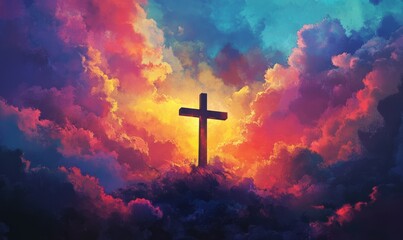 Obraz premium Vibrant scene of a cross silhouetted against a colorful sky, symbolizing Christian faith, hope, and spirituality, with bright hues evoking peace and inspiration