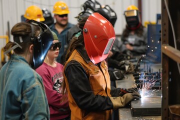 Female Welding Instructor Demonstrating Techniques to Attentive Students in a Workshop Setting