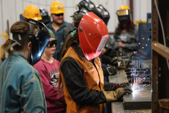Female Welding Instructor Demonstrating Techniques to Attentive Students in a Workshop Setting