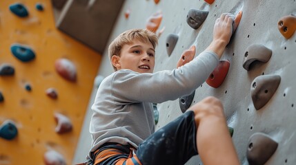 Young boy engaged in indoor rock climbing on colorful climbing wall, focusing on upper hand holds, wearing casual sportswear