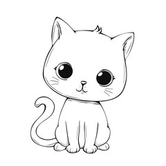 Adorable black and white illustration of a cute cartoon cat with large eyes and a playful expression, sitting with its tail curled.