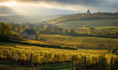 Vineyards in autumn. Autumnal landscape in the vineyards of Luxembourg at the Moselle on a sunny evening