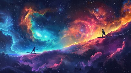 Fototapeta premium Cosmic vector scene of children surfing on comet tails through a colorful nebula, with swirling gas clouds and stellar nurseries