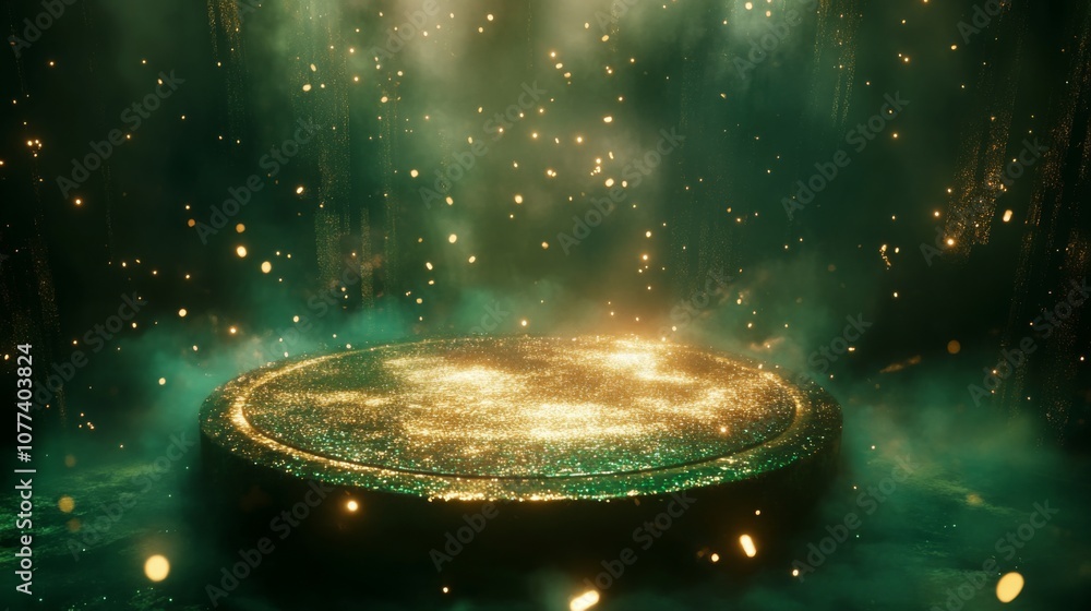 Leinwandbilder A glowing circular platform emits golden sparkles and light in a dimly lit enchanted forest. Mist and shimmering particles create a magical atmosphere, suggesting a hidden world filled with wonder.