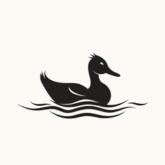 Fototapeta premium Black silhouette of a duck gracefully gliding on rippling water, conveying a tranquil and minimalist design.