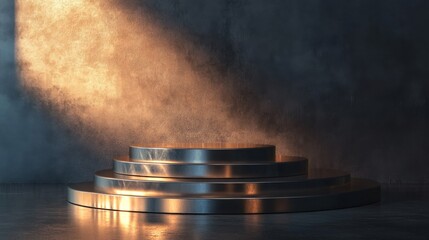 A Metallic Podium with Circular Steps in a Dark Room with a Beam of Light