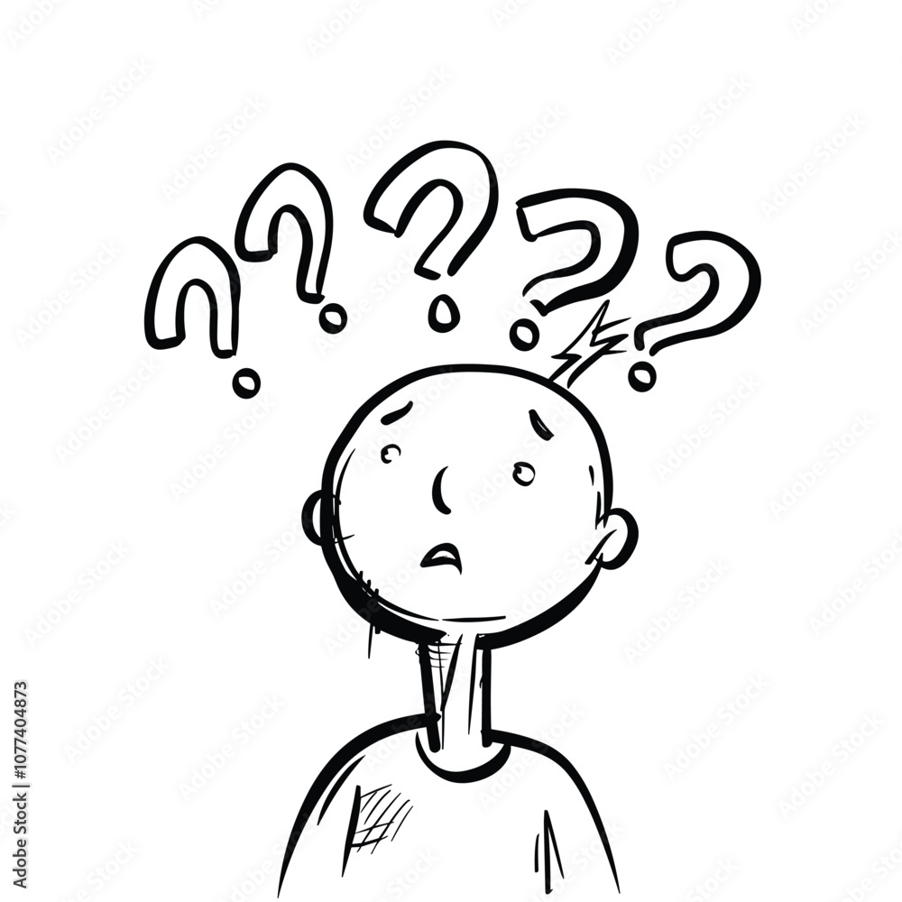 Aufkleber cartoon character with puzzled expression surrounded by question marks on white background.