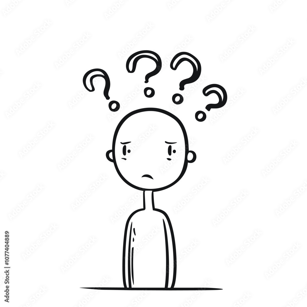 Poster a simple line art illustration of a confused person with question marks above their head, expressing
