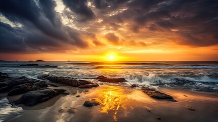 Obraz premium Dramatic sunset over ocean waves and colorful sky.