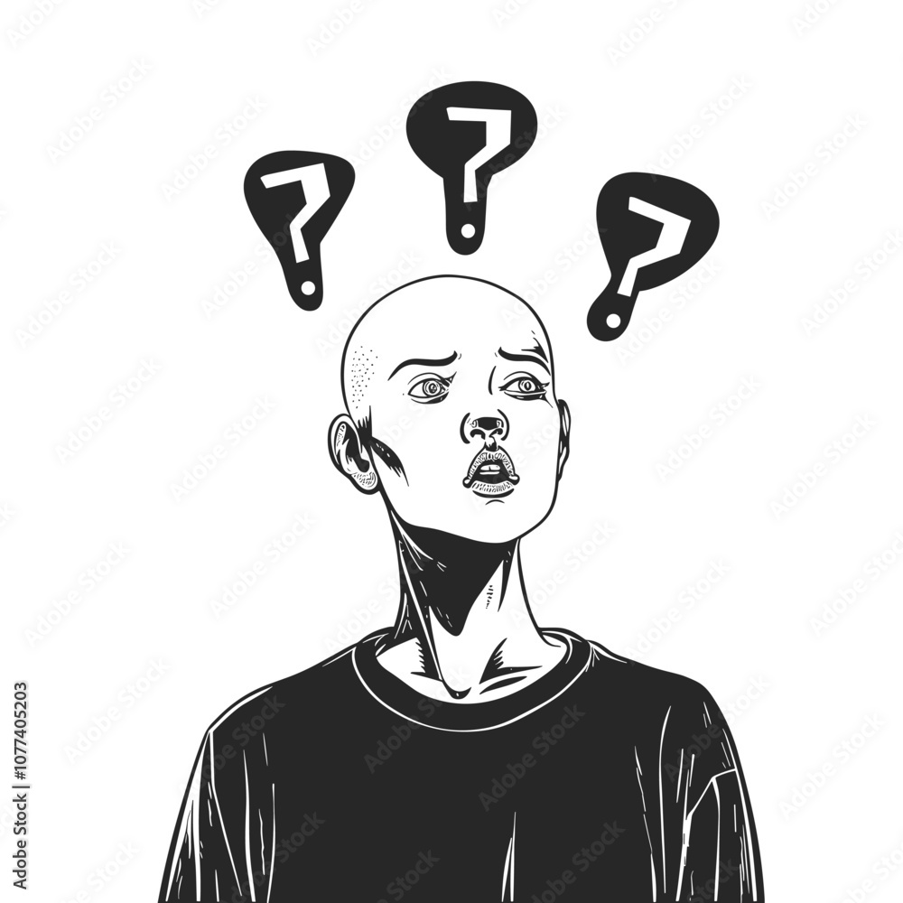 Poster a bald, expressive person stands confused with question marks floating above their head, suggesting 