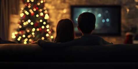 Fototapeta premium Kids enjoying a cozy Christmas movie night by the tree