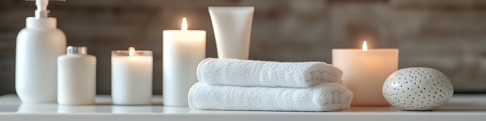 Soothing spa setup with candles and towels.