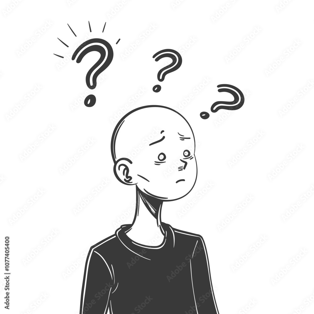 Poster a cartoon character with a perplexed expression and question marks above its head, showcasing confus
