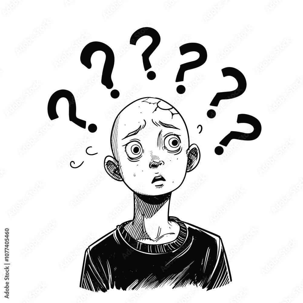 Poster illustration of a confused bald character with question marks swirling overhead, depicting a state o